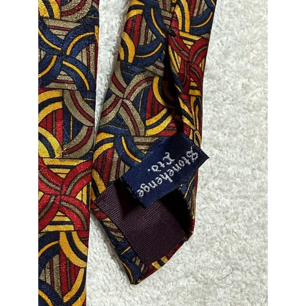 J. Garcia Silk Tie Stonehenge Ltd Red Blue Yellow Geometric Hand Sewn USA 4